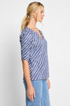 NIC+ZOE Mixed Stripe Ruch Sleeve Tee in Navy Multi.  Diagonal navy broken stripes on a light background.  Banded split v neck top with elbow length sleeve.  Ruch detail down center sleeve.  Straight hem.  Relaxed fit._t_60125816455534