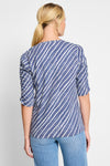 NIC+ZOE Mixed Stripe Ruch Sleeve Tee in Navy Multi.  Diagonal navy broken stripes on a light background.  Banded split v neck top with elbow length sleeve.  Ruch detail down center sleeve.  Straight hem.  Relaxed fit._t_60125816521070