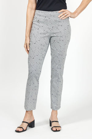 Rafinalla Floral Ankle Pant.  White and black small floral and vine print on a black and white background.  3" waistband pull on pant.  28" inseam._35065516654792