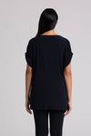 Sympli Revelry Ruched Shoulder Tunic in Navy. Crew neck dolman short sleeve top with ruched shoulder. Side slits. Tunic length. Relaxed fit._t_35035549761736