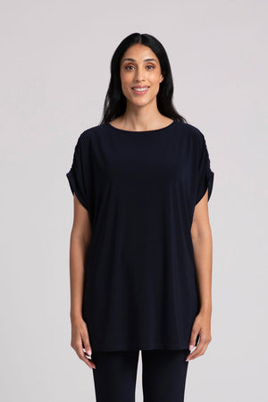 Sympli Revelry Ruched Shoulder Tunic in Navy.  Crew neck dolman short sleeve top with ruched shoulder.  Side slits.  Tunic length. Relaxed fit._35035549827272