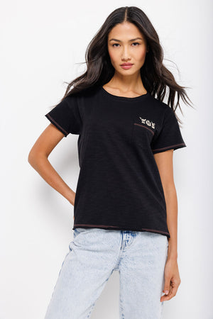 Lisa Todd Pocket Pups Tee in Black.  Crew neck short sleeve tee with single pocket.  Applique embroidered dogs above pocket.  Contrast color stitching at hem, cuff and neck.  Relaxed fit._35431879147720