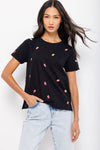 Lisa Todd Strawberry Fields Tee in Black.  Crew neck short sleeve tee with sewn cuff.  Embroidered strawberry appliques on front and sleeves.  Plain back.  Relaxed fit._t_35431705477320