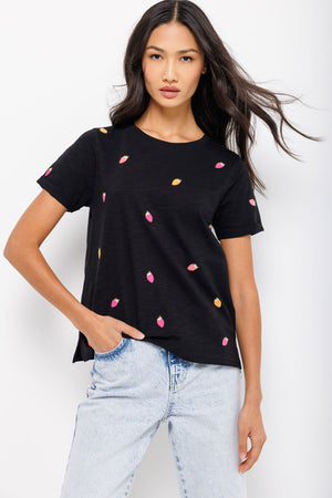 Lisa Todd Strawberry Fields Tee in Black.  Crew neck short sleeve tee with sewn cuff.  Embroidered strawberry appliques on front and sleeves.  Plain back.  Relaxed fit._35431705477320