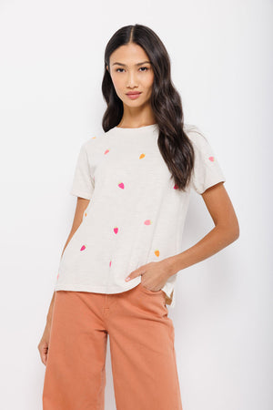 Lisa Todd Strawberry Fields Tee in Bluff. Crew neck short sleeve tee with sewn cuff. Embroidered strawberry appliques on front and sleeves. Plain back. Relaxed fit._35431705510088
