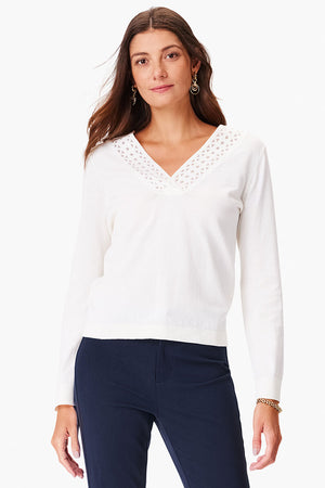 NIC+ZOE Polished Up Sweater in Cream.  V neck long sleeve sweater with geometric cut out inset placket around neckline.  Rib trim at cuff and hem.  Classic fit._35077498765512