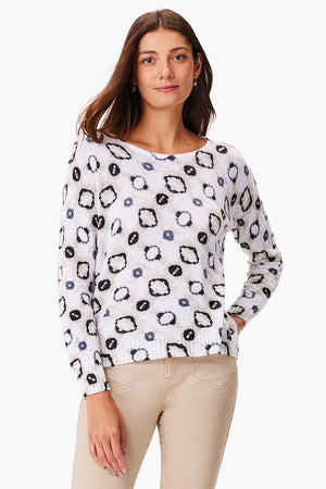 NIC+ZOE Night & Day Sweater in White Multi.  Whimsical shapes in black and beige on a white background.  Crew neck long sleeve sweater.  Drop shoulder.  Rolled neck trim.  Rib trim at cuff and hem.  Relaxed fit._35077487558856