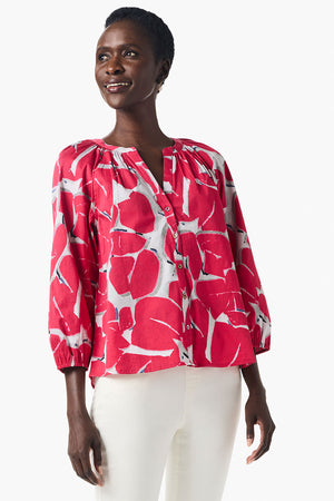 NIC+ZOE Bold Petals Shirt in Red Multi.  Bold large abstract petals.  Round neck notched v button down with 3/4 length raglan sleeve.  Elastic cuffs.  Banded neckline.  Relaxed fit._35084305334472