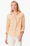 NIC+ZOE Watercolor Stripe Girlfriend Blouse in Orange Multi. Watercolor vertical stripes in white. Relaxed fit button down with long sleeves and 1 button cuffs. Pointed collar. Back yoke. Shirt tail hem._t_35084206112968