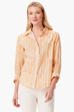 NIC+ZOE Watercolor Stripe Girlfriend Blouse in Orange Multi. Watercolor vertical stripes in white. Relaxed fit button down with long sleeves and 1 button cuffs. Pointed collar. Back yoke. Shirt tail hem._35084206112968
