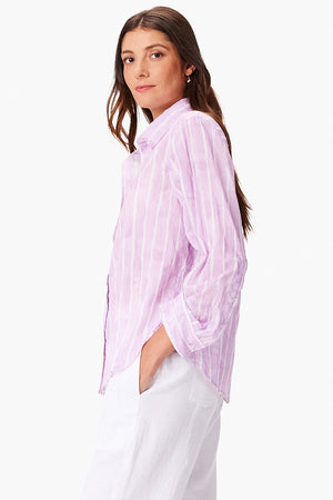 NIC+ZOE Watercolor Stripe Girlfriend Blouse in Purple Multi. Watercolor vertical stripes in white. Relaxed fit button down with long sleeves and 1 button cuffs. Pointed collar. Back yoke. Shirt tail hem._35077352685768