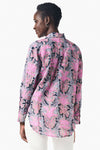 NIC+ZOE Petal Patch Boyfriend Shirt in Pink Multi. Stylized abstract floral print. Pointed collar button down with long sleeves and adjustable 2 button cuff. Back yoke, shirt tail hem. Relaxed fit._t_35249405067464