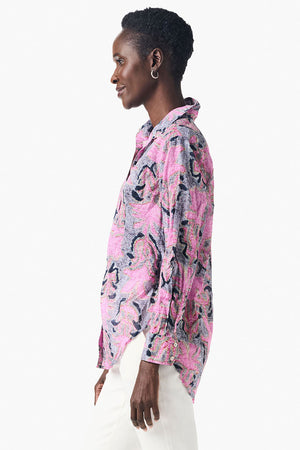 NIC+ZOE Petal Patch Boyfriend Shirt in Pink Multi. Stylized abstract floral print. Pointed collar button down with long sleeves and adjustable 2 button cuff. Back yoke, shirt tail hem. Relaxed fit._35249405100232