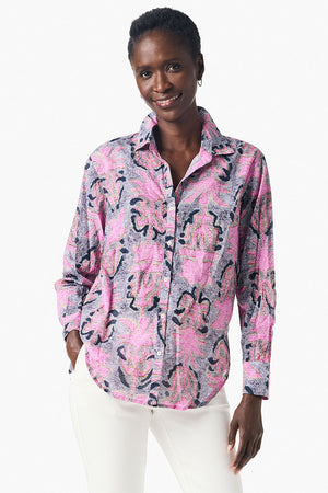 NIC+ZOE Petal Patch Boyfriend Shirt in Pink Multi.  Stylized abstract floral print.  Pointed collar button down with long sleeves and adjustable 2 button cuff.  Back yoke, shirt tail hem. Relaxed fit._35249405034696