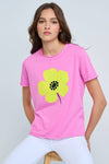 Lisa Todd Posy Posse Tee in Wild Orchid.  Crew neck short sleeve tee with large yellow posy on front with black detail.  Side slits Double layer trim with raw edges.  Relaxed fit._t_59989450817902