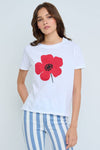 Lisa Todd Posy Posse Tee in White.  Crew neck short sleeve tee with large red posy on front with black detail.  Side slits Double layer trim with raw edges.  Relaxed fit._t_59989450850670
