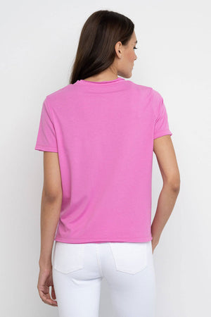 Lisa Todd Posy Posse Tee in Wild Orchid.  Crew neck short sleeve tee with large yellow posy on front with black detail.  Side slits Double layer trim with raw edges.  Relaxed fit._59989454487918