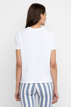 Lisa Todd Posy Posse Tee in White.  Crew neck short sleeve tee with large red posy on front with black detail.  Side slits Double layer trim with raw edges.  Relaxed fit._59989450883438