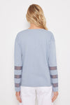 Lisa Todd Mesh Fest V Top in Denim.  Banded v neck long sleeve top with 3 mesh inset stripes on lower sleeve.  Side slits.  Relaxed fit._t_59989236384110