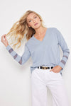 Lisa Todd Mesh Fest V Top in Denim.  Banded v neck long sleeve top with 3 mesh inset stripes on lower sleeve.  Side slits.  Relaxed fit._t_59989236220270