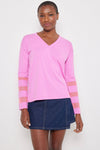 Lisa Todd Mesh Fest V Top in Hot Orchid.  Banded v neck long sleeve top with 3 mesh inset stripes on lower sleeve.  Side slits.  Relaxed fit._t_59989236449646