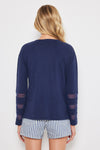 Lisa Todd Mesh Fest V Top in Navy.  Banded v neck long sleeve top with 3 mesh inset stripes on lower sleeve.  Side slits.  Relaxed fit._t_59989236253038