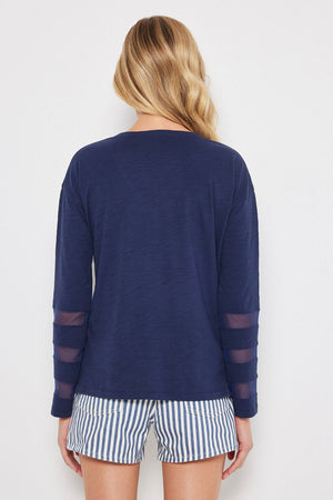 Lisa Todd Mesh Fest V Top in Navy.  Banded v neck long sleeve top with 3 mesh inset stripes on lower sleeve.  Side slits.  Relaxed fit._59989236253038