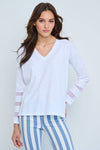 Lisa Todd Mesh Fest V Top in White.  Banded v neck long sleeve top with 3 mesh inset stripes on lower sleeve.  Side slits.  Relaxed fit._t_59989236416878