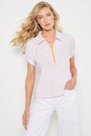 Lisa Todd Knot It Tee in Lilac with cantelope orange 1/4 zip front.  Pointed collar.  Short sleeve with knot detail. Relaxed fit._t_60257656963438