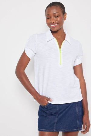 Lisa Todd Knot It Tee in White with bright yellow 1/4 zip front.  Pointed collar.  Short sleeve with knot detail. Relaxed fit._60257657356654
