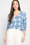 NIC+ZOE Sand Dollar Sweater in Blue.  Shades of blue sand dollar print on white.  V neck long sleeve super soft knit.   Drop shoulder. Deep rib trim at neck.  Rib trim at hem and cuff.  Relaxed fit._t_60125167681902