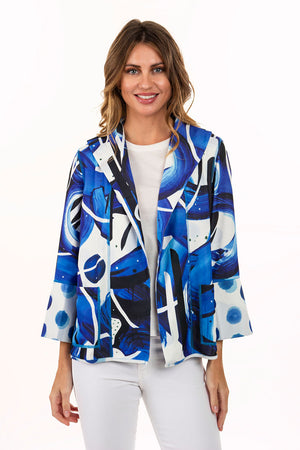 Lemongrass Reversible Classic Crepe Jacket.  Shades of blue and white abstract print reverses to blue dot print on white.  Open front jacket with convertible collar and 3/4 bell sleeve.  Boxy fit._34330919207112