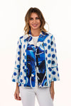 Lemongrass Reversible Classic Crepe Jacket. Shades of blue and white abstract print reverses to blue dot print on white. Open front jacket with convertible collar and 3/4 bell sleeve. Boxy fit._t_34330919174344