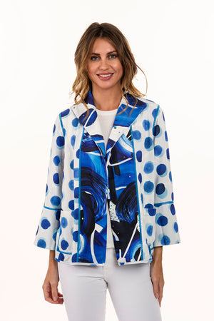 Lemongrass Reversible Classic Crepe Jacket. Shades of blue and white abstract print reverses to blue dot print on white. Open front jacket with convertible collar and 3/4 bell sleeve. Boxy fit._34330919174344