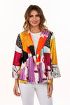 Lemongrass Reversible Classic Crepe Jacket. Shades of red, orange, pink, black and white abstract print reverses to bright splatter print on white. Open front jacket with convertible collar and 3/4 bell sleeve. Boxy fit._t_34330919141576