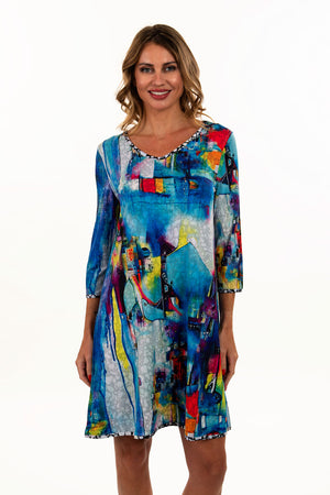 Lemon Grass Reversible Abstract V Neck Dress.  Aqua based bright cubist print with red yellow orange and white.  Reverses to black and white pebble print.  V neck with 3/4 sleeve.  A line shape.  Relaxed fit._35061688926408