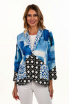 Lemon Grass Print Blocked Blazer in Blue. Blue and White and black and white coordinating geometric prints with 3rd print on lapels and pockets. Notched lapel 1 button jacket with 3/4 sleeves. 2 front patch pockets. Relaxed fit._t_35036321120456