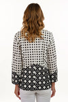 Lemon Grass Print Blocked Blazer in Cotton. White and black coordinating geometric prints with 3rd print on lapels and pockets. Notched lapel 1 button jacket with 3/4 sleeves. 2 front patch pockets. Relaxed fit._t_35036321218760