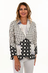 Lemon Grass Print Blocked Blazer in Cotton.  White and black coordinating geometric prints with 3rd print on lapels and pockets.  Notched lapel 1 button jacket with 3/4 sleeves.  2 front patch pockets.  Relaxed fit._t_35036321153224
