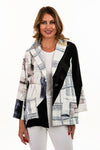 Lemon Grass Windowpane Mixed Media Jacket in Hummus.  Patchwork print convertible collar 1 button jacket in Black white and gray with a touch of beige.  2 front patch pockets.  Relaxed fit._t_35032385159368