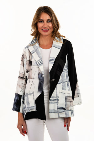Lemon Grass Windowpane Mixed Media Jacket in Hummus.  Patchwork print convertible collar 1 button jacket in Black white and gray with a touch of beige.  2 front patch pockets.  Relaxed fit._35032385159368