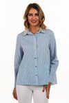 Lemon Grass Striped Blouse in Blue with White Stripes. Pointed collar button down with hammered silver buttons.  Long sleeves with double cuffs and silver twist cufflinks.  2 front diagonal welt pockets.  Back yoke.  Side slits.  A line shape. Relaxed fit._t_35045089771720