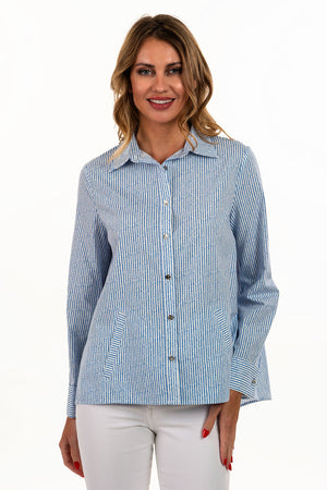 Lemon Grass Striped Blouse in Blue with White Stripes. Pointed collar button down with hammered silver buttons.  Long sleeves with double cuffs and silver twist cufflinks.  2 front diagonal welt pockets.  Back yoke.  Side slits.  A line shape. Relaxed fit._35045089771720