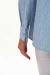 Lemon Grass Striped Blouse in Blue with White Stripes. Pointed collar button down with hammered silver buttons. Long sleeves with double cuffs and silver twist cufflinks. 2 front diagonal welt pockets. Back yoke. Side slits. A line shape. Relaxed fit._t_35045089804488