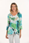 Lemon Grass Abstract Reversible V Neck Top in Tan.  Abstract turquoise, green, black and white print reverses to green,black and white abstact leaf print.  V neck 3/4 sleeve top.  A line shape.  Relaxed fit._t_60027582972270