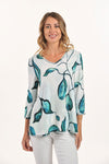 Lemon Grass Abstract Reversible V Neck Top in Tan.  Abstract turquoise, green, black and white print reverses to green,black and white abstact leaf print.  V neck 3/4 sleeve top.  A line shape.  Relaxed fit._t_60027583005038