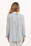 Lemon Grass Striped Blouse with Bead Detail in Blue.  Shades of blue horizontal pinstripes.  Pointed collar button down with hidden button placket.  Long sleeves with french cuffs.  Grosgrain ribbon with bead detail on collar and cuff.  2 front diagonal welt pockets.  Back yoke.  Relaxed fit._t_60028317499758
