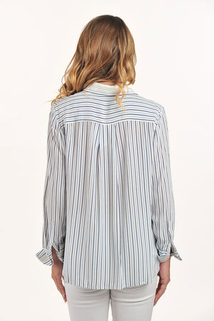 Lemon Grass Striped Blouse with Bead Detail in Blue.  Shades of blue horizontal pinstripes.  Pointed collar button down with hidden button placket.  Long sleeves with french cuffs.  Grosgrain ribbon with bead detail on collar and cuff.  2 front diagonal welt pockets.  Back yoke.  Relaxed fit._60028317499758