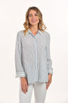 Lemon Grass Striped Blouse with Bead Detail in Blue.  Shades of blue horizontal pinstripes.  Pointed collar button down with hidden button placket.  Long sleeves with french cuffs.  Grosgrain ribbon with bead detail on collar and cuff.  2 front diagonal welt pockets.  Back yoke.  Relaxed fit._t_60028317466990