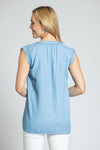 APNY Sleeveless Fray Top. Light Denim tencel sleeveless top with split v front. Banded crew neck with soft gathers. Fringe trim at armhole. Straight hem. Side slits. Relaxed fit._t_35228985393352